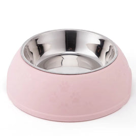 Paw Print Single Dining Pet Feedrer With Stainless Steel Bowl & Non Slip Rubber Bottom-Pink -29.5*10Cm