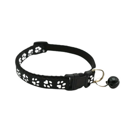 Paw Print Adjustable Cat Collar With Bell - Black