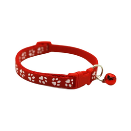 Paw Print Adjustable Cat Collar With Bell - Red