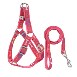 Supet Stylish Bone Pattern Dog Harness and Leash Set (Pink) - Large