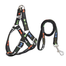 Supet Stylish Bone Pattern Dog Harness and Leash Set (Black) - Large