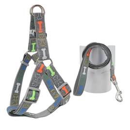 Supet Stylish Bone Pattern Dog Harness and Leash Set (Grey) - Large