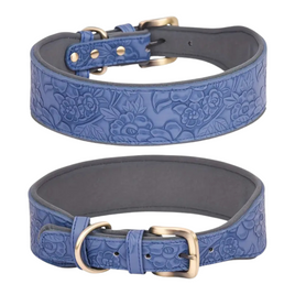 Vintage Leather Dog Collar for Medium & Large Dogs - Blue - Medium