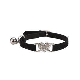 Adorable Cat Collar With Diamante Heart And Bell - Black