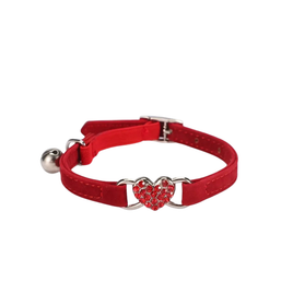 Adorable Cat Collar With Diamante Heart And Bell - Red