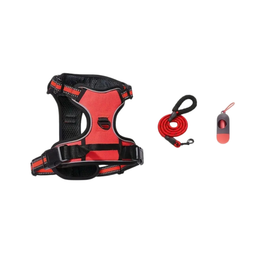 3pc Dog Harness with  Leash & Bag Dispenser (Red) - Small